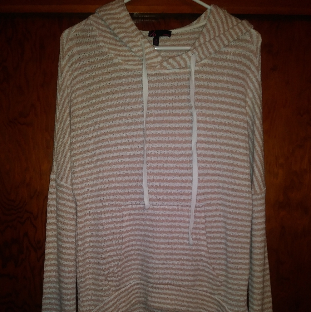 White & Beige Striped Lightweight Hooded Sweater
